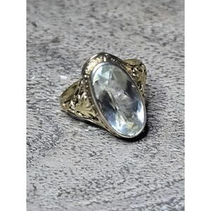 14K Gold Quartz Navette Ring Filigree Vintage 3.5g